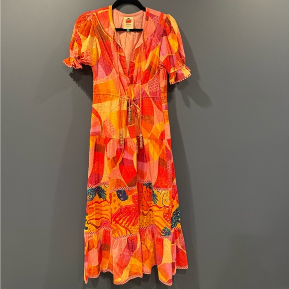 FARM Rio Patch Twirl Midi Dress Tiered Puff Short Sleeves size small. - Picture 2 of 6
